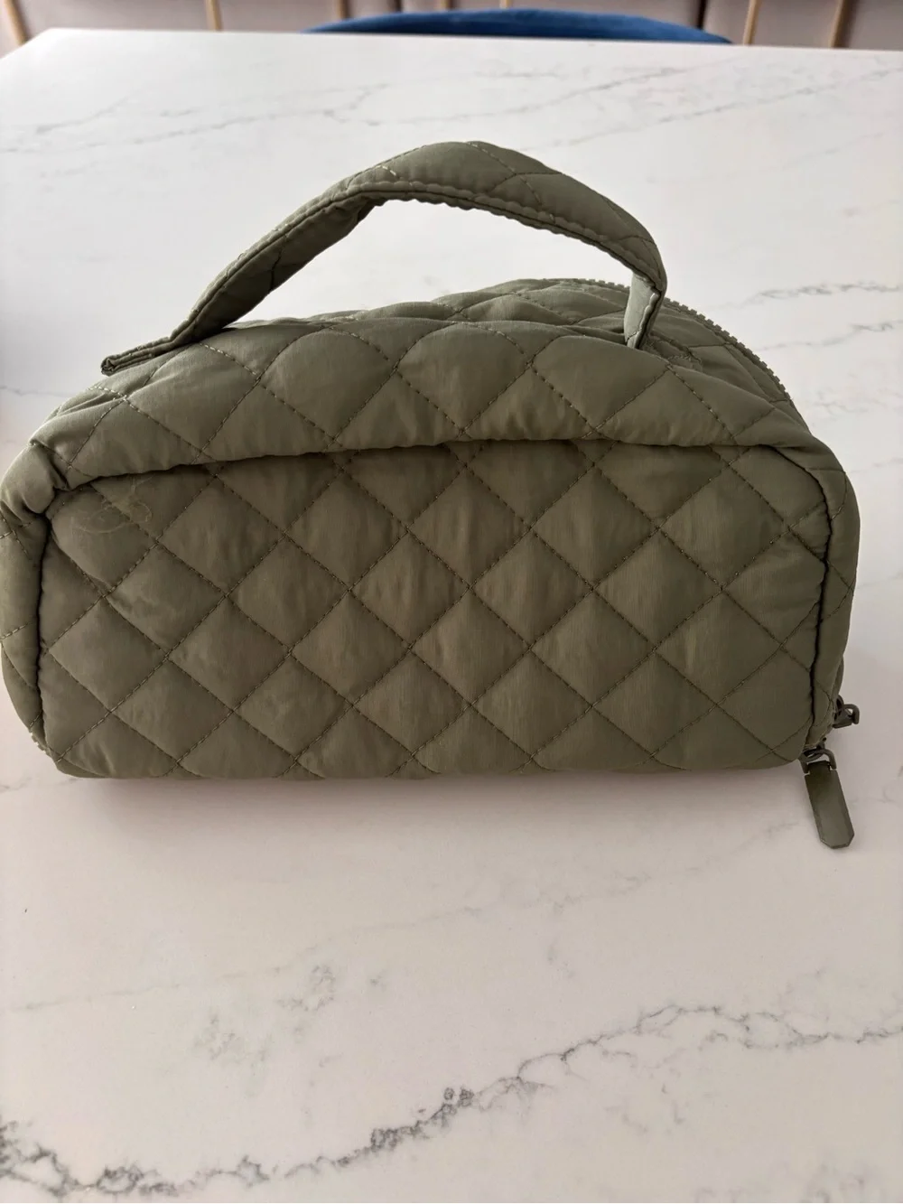Quilted Olive Green Top-Handle Cosmetic Bag